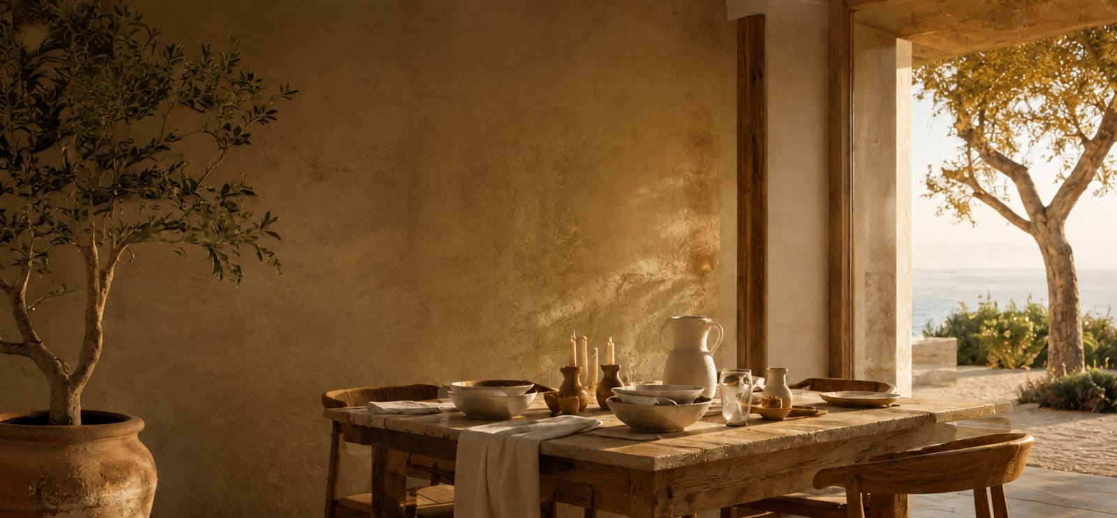 A sunlit rustic dining table